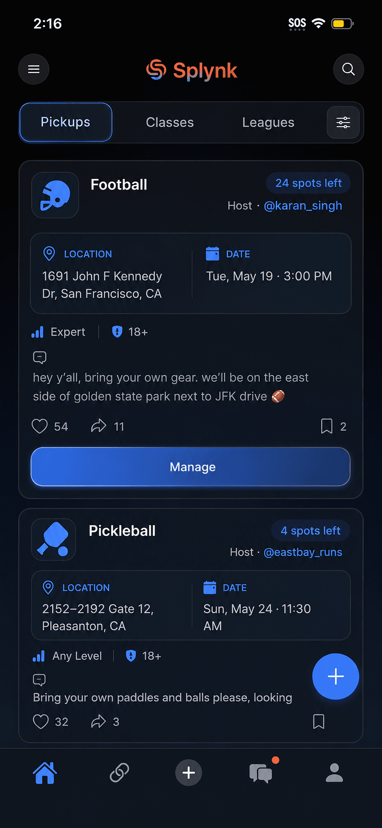 Splynk home screen showing nearby activities to discover