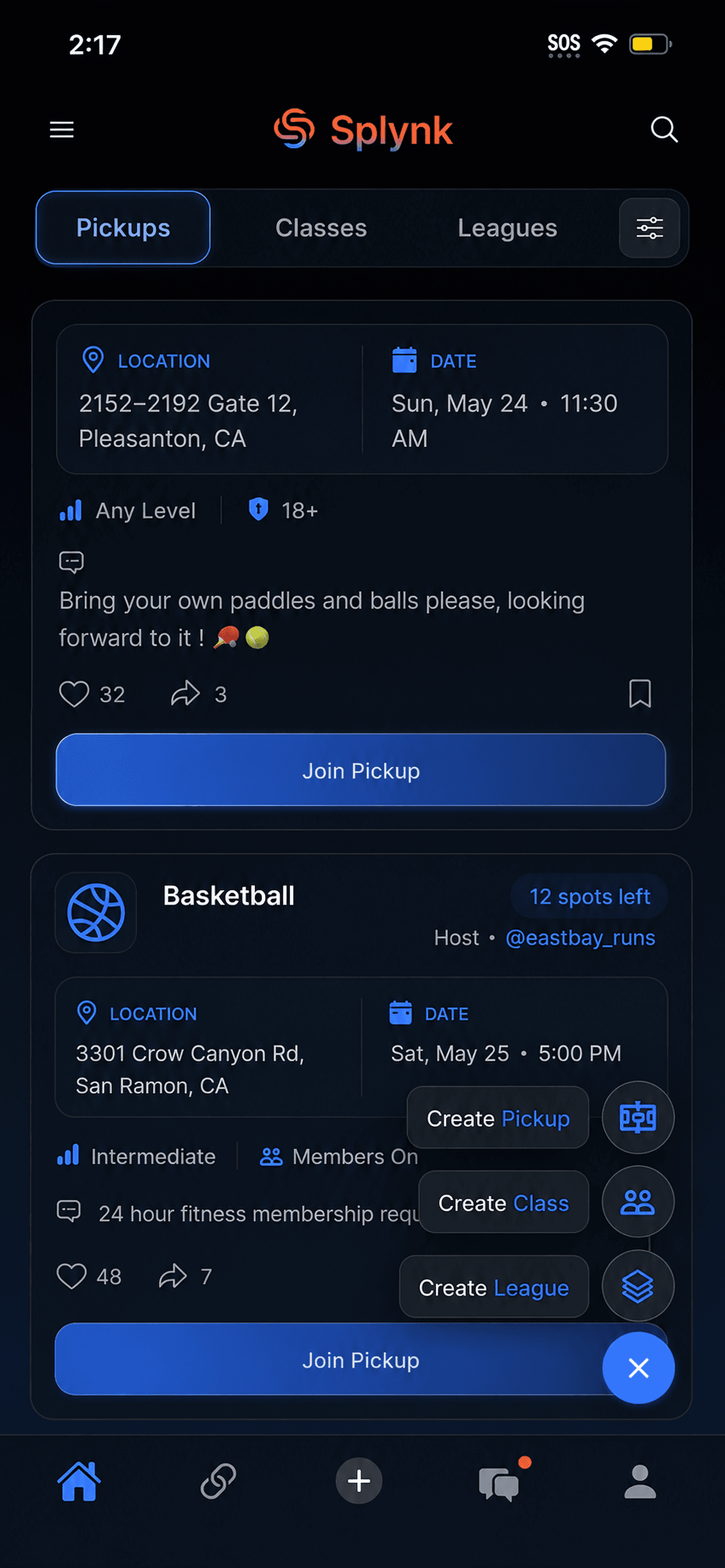 Splynk create flow for hosting a class, league, or pickup